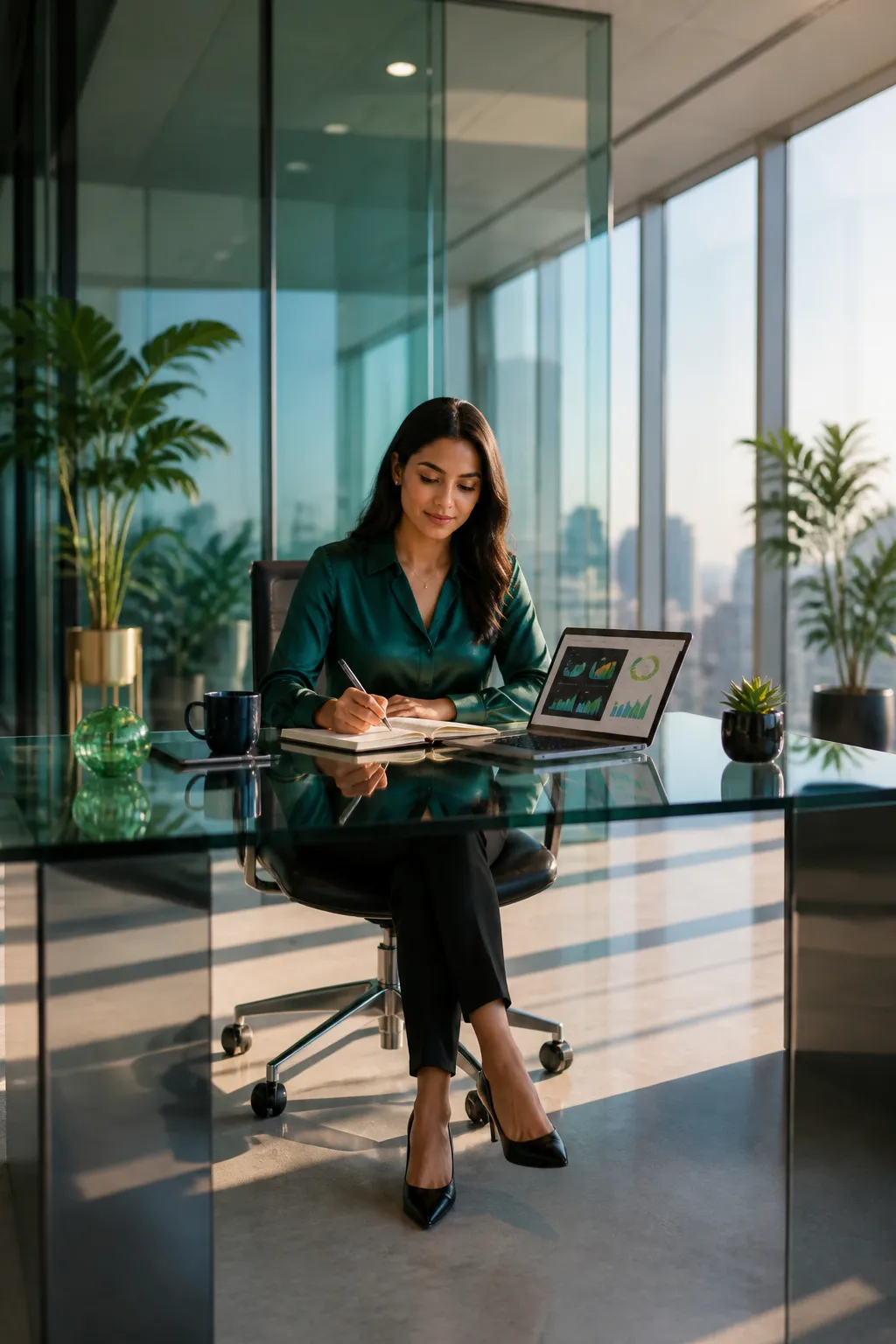 Professional studying data analytics on a laptop in a modern office environment